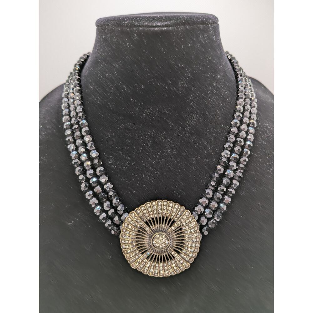 HEIDI DAUS "Belgian Disc" Crystal 3-Row Beaded Necklace Black 20" Adjustable